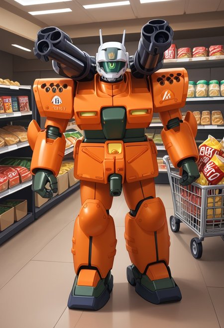 score_9, score_8_up, score_7_up, source_anime, front view, BREAK,  ( guncannon_mass_production_type, behind sopping cart, looking at viewer,) 1mech, copper mech, copper armor, supermarket, shoulder cannons stowed, mech focus, solo, BREAK, two arms, in grocery store, grabbing bag of chips, pushing shopping cart, checkout isle, holding chips,