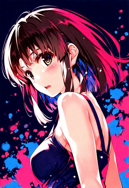 1girl, misaki_kurehito_1, katou megumi, Megumi,brown hair,kato megumi,brown eyes, short hair , medium breasts, bare shoulders, narrow mouth, solo, looking at viewer, open mouth, upper body, from below, back lighting, dark, multicolored background, colorful, masterpiece, best quality, absurdres, newest, highres, very aesthetic, source_anime