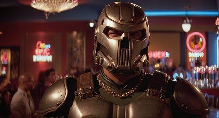 cinematic film still of  <lora:Pulp Fiction style:0.9>
a doom guy, heavy armor, helmet, standing in a stripclub,jewelry,realistic, 1990's, 90's, film, cinematic, crime and violence, classic, graphic violence, Kodak film, motion picture image,Pulp Fiction style, Pulp Fiction Film style, shallow depth of field, vignette, highly detailed, high budget, bokeh, cinemascope, moody, epic, gorgeous, film grain, grainy
