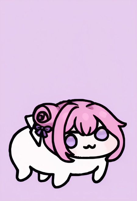 chibi, masterpiece, best quality, <break> solo, doro, :3, chibi, no pupils, solid circle eyes, full body, white skin, all fours, dorothy \(nikke\), pink hair, purple eyes, single side bun, hair bow, purple ribbon, simple background