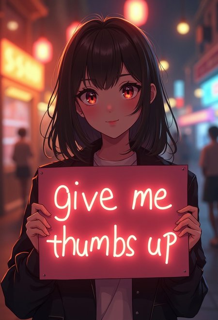 beautiful woman holding a sign  it says "give me thumbs up or buzz", realistic, cinematic,bokeh. anime style