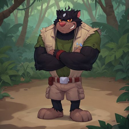 Score_7_up, score_8_up, score_9, full body, solo male, rangerken, black and white fur, vest, green undershirt, shorts, crossed arms, grin, eyebrows raised, jungle, detailed background,