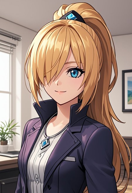 score_4,score_5,score_6,score_7_up,score_8_up,score_9 ((masterpiece,best quality,ultra detailed,highres,HD,4k:1.2)), 
Azure Striker Gunvolt(Main),
1 girl,solo,girl focus,solo focus,upper body,face focus,
<lora:krista-lenz-s1-ponyxl-lora-nochekaiser:1>, krista lenz, long hair, blue eyes, blonde hair, ponytail, low-tied ponytail, 
((hair over one eye)),dark purple clothed,dark purple suit,A closed suit, necklace,
indoors,
smile,light smile,