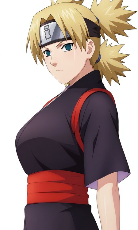 game cg,
from side, upper body,
BREAK
tmrshippuden, 1girl, solo, looking at viewer, quad tails, forehead protector, no pupils,
black kimono, red sash, collar,  short sleeves, breasts,
simple background, white background,
<lora:Naruto_TemariShippuden_PXL-000018:1>
