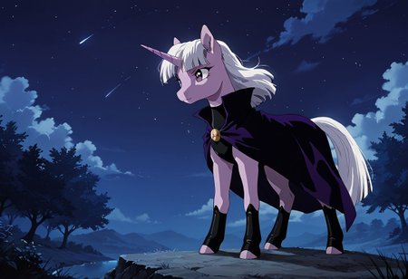 score_9, score_8_up, score_7_up, anime screencap, BREAK, Twilight Sparkle, a purple unicorn with purple eyes and white mane and tail,  source_feral, cloak, outdoors, night sky, night, black leotard, source_anime, retro anime style