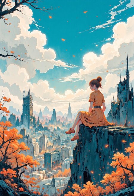 A dynamic anime-style illustration of a glamour woman sitting on the edge of a building in paris, overlooking the eiffel tower, high above the city. She has her legs stretched forward with her hands gently resting on her knees, her upper body leaning slightly forward. her cat rests next to her on the ledge. She wears a bright pink dress,  and vibrant pink sandals with white soles. Her golden blonde hair flows naturally in the breeze.
The background features a vivid urban parisian cityscape , with detailed buildings, small cars, and bustling streets far below. The perspective emphasizes depth and height, creating a thrilling and adventurous atmosphere. The color scheme is dominated by bright blue and pink tones, with orange and green elements.
The sunlight casts soft, warm shadows, enhancing the vibrant and energetic mood. The overall composition is dynamic and asymmetrical, with a strong sense of scale and movement in the scene.
<lora:Anime v1.3:1.2> <lora:Blue_Future:0.9>, painted world