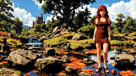 ringlets dark red hair young woman, druid, illustration, comic, anime, extremely detailed, portrait, standing, happy smile, flower in hair, glossy lipstick, celtic necklace, crescent earrings, loincloth, sandals,  Dark Sand Brown druid short dress, legs, sharp focus, fantasy, celtic landscape, small rock, moss, ripples, reflections, celtic  castle, small river pond, druid forest, druid village, stunning nature environment, enchanted land, clovers, Bright deep crimson flowers, best quality, colorful, wet floor, bright sunny sky, raytracing, hdr, high contrast, ethereal natural lights, backlight, lens flare, shadows, vibrant colors, colorful, pretty, beautiful, happy, smiling, feminine, sexy, lovely, in love, adorable, fashion,  <lora:Hand v2:1> <lora:Anti-Blur:1><lora:Insane Detail Slider:0.5>  <lora:flux.1_lora_flyway_Epic-detail_v2:0.3><lora:fluxenhancer:0.5> <lora:RetroAnimeFluxV1:0.4> <lora:Luminous_Shadowscape:0.4>