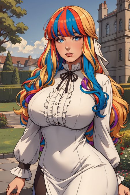 portrait, adult, woman, large breasts, wearing  HUD_Rbw_Wg, multicolored wig, bangs, wearing a Runched Fluffy cashmere lining (cascade dress) in ((Edwardian fashion)),  <lora:wig_test:0.55>, outdoors