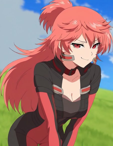 masterpiece, best quality, newest, absurdres, highres, safe,, <lora:aoi-hidaka-s1-illustriousxl-lora-nochekaiser:1>, aoi hidaka, long hair, pink hair, red hair, red eyes, ponytail, short ponytail,, bodysuit, black bodysuit, red bodysuit, cleavage,, plain, grass, open, vast, sky, , bent over, smug, looking at viewer, solo,, cowboy shot