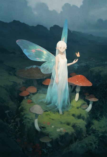 best quality, masterpiece, newest, absurd res, hi res, very awa, fairy, honovy, (mucknagabe:0.7), (akai sashimi:0.5), (reoen:0.3), (norakura \(nr kura\):0.3), female, slim, butterfly wings, solo, toga, looking at viewer, innocent, standing, (fairy ring:1.1), mushrooms, rocks, moss, highlands, overcast, mist, early morning, dim, ethereal, iridescent, mysterious, cinematic lighting, dramatic,postcard,  (lineart:0.6), high-angle view, watercolor, illustration, vintage, (art nouveau:0.2),
