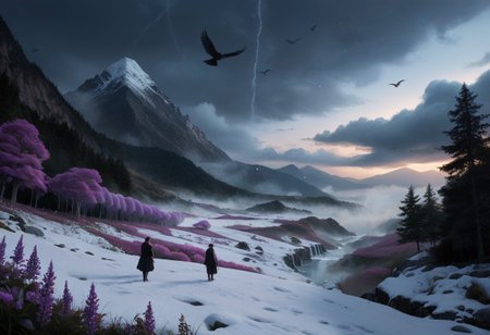 score_9, score_8_up, score_7_up, water, tree, leaf, scenery, mountain, planted, waterfall, fog flower, outdoors, sky, cloud, tree, no_humans, grass, cloudy_sky, crows, birds flying, star_\(sky\), night, nature, eerie, purple_flower, mountain, field, purple_theme, mountainous_horizon, landscape, storm, clouds, dark clouds, lightnings at horizon, wisteria, (winter, snow:1.4)
