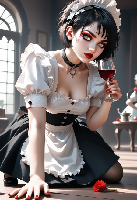 score_9, score_8_up, score_7_up, 4L14NDRA, BLACK HAIR, SHORT HAIR, GREY EYES, MAKEUP, RED LIPS, NAIL POLISH, RED NAILS, MEDIUM BREASTS, MAID, MAID HEADDRESS, APRON, BLACK SKIRT, WHITE SHIRT, PUFFY SLEEVES, CHOKER, PANTYHOSE, BLACK SHOES, pouring wine in a parlor, sexy pose, depth of field, highly detailed, high contrast, film grain, Rim Lighting