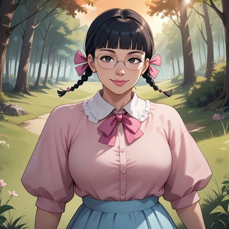 score_9, score_8, BREAK, MigiwaSan, 1girl, black hair, black eyes, blunt bangs, braided pigtails, pink ribbons, square crystal glasses, pink lipstick, white-collared pink long-sleeved shirt, light blue skirt, white socks, pink mary-jane shoes, adult female, mature female, breasts, sexy pose, self portrait, smile, outdoors, sunlight, shadows, evening lighting, natural lighting, forest, trees, grass, orange sky, sunset