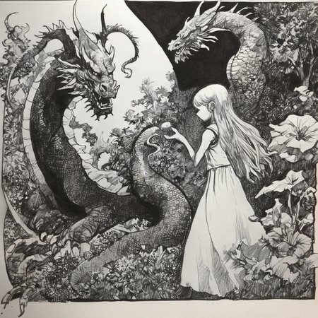 drawix20 girl and dragon in garden, very detailed, black ink <lora:drawix20:1>