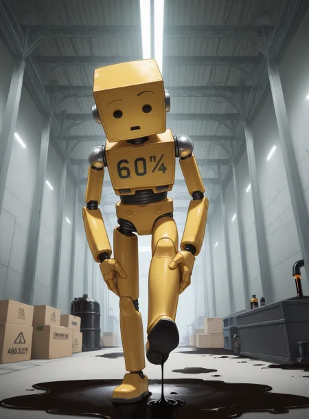 <lora:Splashing_With_Foot_Illustrious:1>
1boy, solo, robot, square head, box body, looking down, disappointed, raised eyebrow,
standing on liquid, standing on one leg, leg up, (holding own foot:1.3), (motor oil drip:1.3), (motor oil puddle:1.3), number,
full body, perspective, factory, indoors, fluorescent lamp,
BREAK masterpiece, best quality, amazing quality, absurdres