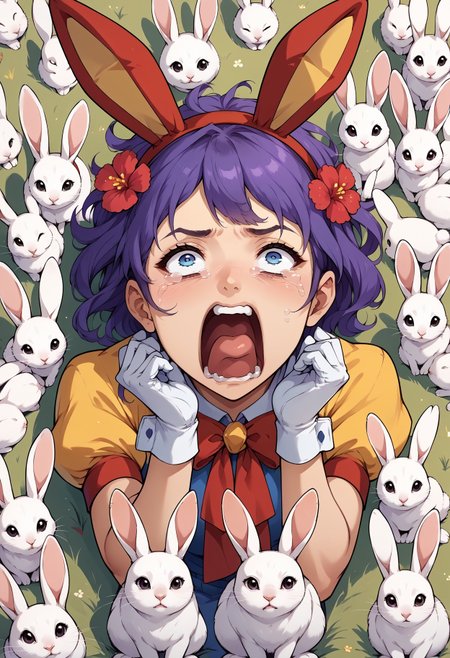score_9, score_8_up,score_7_up, source_anime, 
BREAK
grass,multiple rabbits, surrounded by rabbits,too many rabbits, animals,
BREAK
mouth shot,aquascreaming, screaming, open mouth, crying with eyes open,  sprBernie, messy hair, hairband, fake animal ears, fake rabbit ears, hair flower, yellow dress, white gloves, yellow skirt, puffy short sleeves, thigh boots, purple hair, sitting on grass, sitting, hugging own legs, 
BREAK
rabbit,animal,
<lora:concept_aquascreaming_ponyXL:0.8> <lora:ER-mouth_shot-v1:-1.5> <lora:tialuna-pdxl-nvwls-v1:1> <lora:ER-too_many_rabbits-v1:-2>
