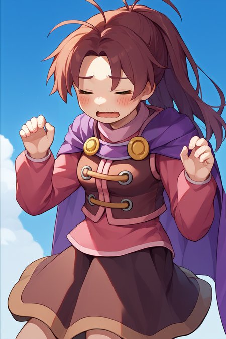 score_9, score_8_up, score_7_up, score_6_up, source_anime, BREAK 1girl, solo,  <lora:gsjenna-pdxl-nvwls-v1-000005:1> gsJenna, brown hair, ponytail, antenna hair, purple cape, vest, pink shirt, long sleeves, brown skirt, boots, blue sky, closed eyes, blush, open mouth, wavy mouth, hands up