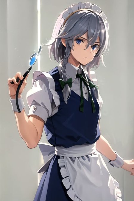 solo, 1girl, solo_focus, (((masterpiece))), ((best quality)), ((ultra-detailed)), high resolution, absurdres, highres, ultra-detailed 8k unity wallpaper, 
((glasses, bespectacled, )):2, 
izayoi sakuya, 
1girl,blue eyes, maid headdress, braid, grey hair, maid, twin braids, short hair, wrist cuffs, bow, hair bow, short sleeves, ribbon, apron,