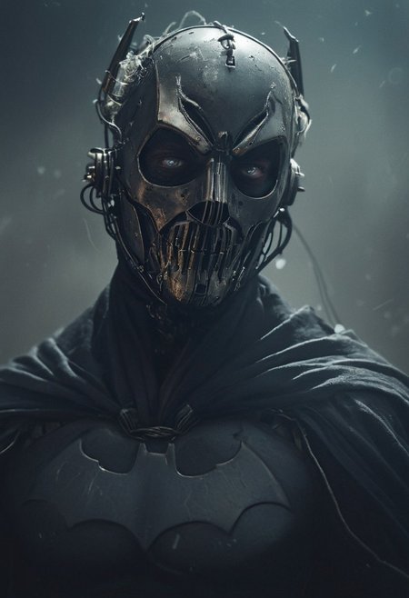 belomo_kodak_gold by tim burton and HR giger, mystic haze, dusty atmosphere, closeup, Zone-eyes, eye-trails, photorealistic, amazing quality, masterpiece, best quality, hyper detailed, ultra detailed, UHD, perfect anatomy, portrait, dof, hyper-realism, majestic, awesome, inspiring, CloseUp Portrait of a masked batman wired-cyborg with billowing cape and Large ears, charming but tired Smile, skin Details, very detailed skin and scar, old skin, Epic beard, Closeup, looking at Viewer, with half Face Made of technical micro elements with wires and cables, the eyes emitting a vibrant light billowing in the Wind, atmospheric haze, mystic Haze, veiled in shadows in an dark 1940s alley, steaming drain backdrop, cinematic composition, soft shadows, very detailed, hd, RAW photograph, masterpiece, top quality, best quality,