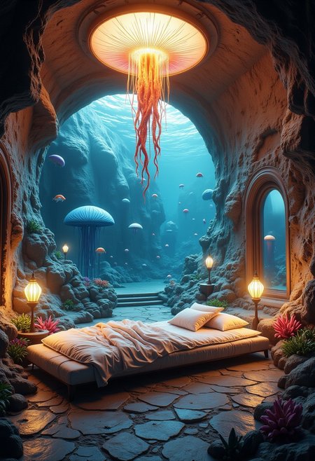 a subterranean cavern, accessed via a concealed entrance somewhere within the concrete jungle of a modern metropolis. Descending a spiraling staircase carved from solid limestone, one finds oneself standing at the base of a tremendous monolith of polished basalt, roughly the shape of a giant clam shell.
Upon this megalith reposes a plush mattress, layered with silken sheets printed with intricate designs resembling scallops and fan shells. Plump pillows embroidered with pearl-thread motifs invite weary visitors to sink into luxurious repose.
Overhead, luminaires shaped like pulsating jellyfish emit a mesmerizing kaleidoscope of color, shifting gradually through the spectrum from cool blues to warm amber hues. Their light filters down through the watery medium of the aquarium tanks lining the walls, causing schools of exotic fish to swim languidly among coral formations imported from the reefs of the South Pacific.
Through arched portholes framed in mother-of-pearl, one catches tantalizing glimpses of the teeming streets and skyscrapers of the city above, their steel-and-glass facades reflecting the dancing illumination of the submerged boudoir.
concept-art, fantasy, beautiful, painterly, detailed, textural, artistic, 
beautiful, painterly, detailed, textural, artistic, aesthetic, intricate details, highly detailed, ultra-detailed, absurdres, unreal engine, octane rendering, high saturation, high contrast, vivid, vibrant, volumetric lighting, 
CozySpookyStyle, aidmaMJ6.1