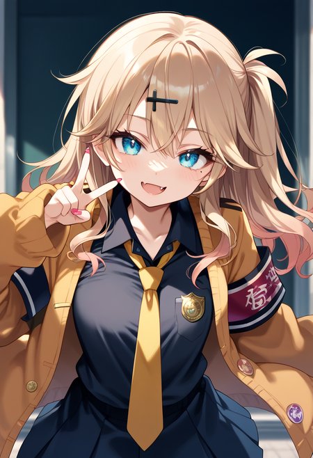 score_9,score_8_up,score_7_up,score_6_up,score_5_up,score_4_up,
<lora:KasukabeTumugi_Pony_V1:1> 1girl, kasukabetumugi, gyaru,
light brown hair, one side up, black hair clip, 
blue eyes, eyelashes, mole under eye, eyebrows visible through hair,
nail polish, fang,
shirt, black shirt, Yellow necktie, jacket,
(4 band aids), (badge), loafers, Black armband,
looking at viewer, smile, standing, v sign, upper body,