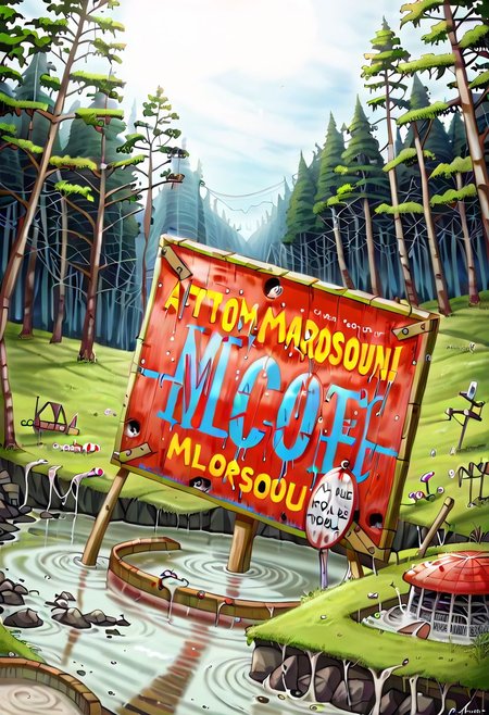 sign with the text" Croeso y llyn gellynoth. Oes yn y cont" billboard,  <lora:text:0.8>, falloutlandsdxl, picturesque lake surrounded by a forest but is in a polluted dystopian landscape, in the foreground there is , human fecal matter on the floor in small piles, puddle of human fecal waste written in it, atomic mushroom cloud in background