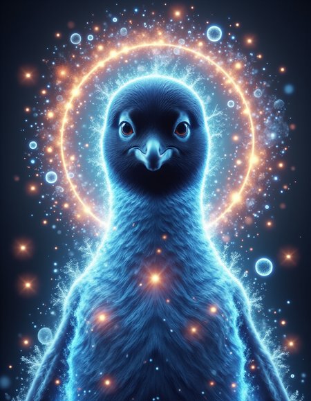 <lora:aura_v2_beta2:1>,auralora,the image features a penguin. She has a determined expression on her face and is surrounded by a halo of bright light with intricate,cold glow.,