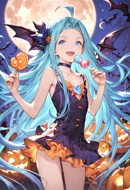 score_9, score_8_up, score_7_up,score_6_up, source_anime, best quality, aesthetic, absurdres, realistic, moon, 
halloween, halloween costume, official alternate costume, vampire, jack-o'-lantern, hair ornament, (miniskirt:1.2), (holding sucker, lollipop:1.2), blue gem,
1girl, solo, smile, upper teeth only, (clear eyes:1.1), looking at viewer,
Lyria (Granblue Fantasy), very long hair, blue hair, (body_slim:1.1), small breasts, choker, bare legs,
<lora:Lyria-Pony:0.8>   <lora:IshikePony:0.3>