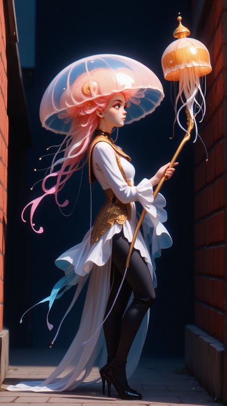 score_9, score_8_up, score_7_up, score_6_up, <lora:JellyfishHybridPDXL:1> jellyfishhybrid, a hybrid between a jellyfish and a human, Mystic Fist, 1girl, from side, Holding a bo staff with both hands, standing in a ready position, in location in a trendy downtown eatery, with exposed brick walls and cozy booths, best quality, masterpiece quality