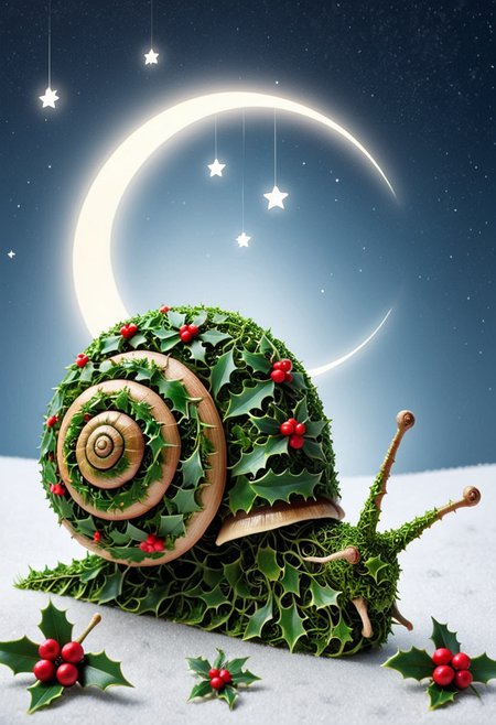 M1STL3T03, (medium full shot) of A snail made of holly mistletoe, set in the meadow, under the moonlight, stars, , best quality, masterpiece