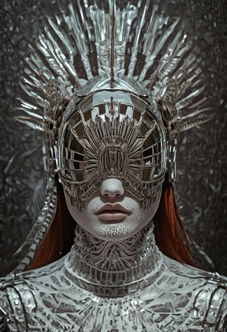 Soaked_seasalt, a blushed grin redhead haired Busty female DJ, wearing skintight outworn T-Shirt and towering native American HR Giger inspired silver ffarmor mirror-helmet, Vintage Photo, dutch Angle, Side View, Film grain, dimly lit, scratched, inside Nightclub, dystopian, bleaked colors, Dusty atmosphere, volumetric lighting, atmospheric haze,