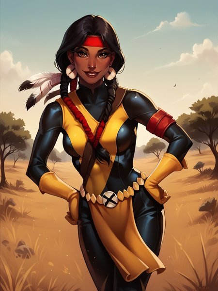 score_9, score_8_up, score_7_up, 1girl, leaning forward, sexy, dynamic pose, smile, cute pose, solo, detailed background, looking at viewer, wide shot, cowboy shot, hands on hips, vegetation, savanna, from below,
 <lora:DaniMoonstar_character:1>, DaniMoonstar, black hair, dark skin, brown eyes, makeup, twin braids, native american, black legwear, yellow gloves, (jewelry belt:1.1), earrings, red headband, leotard, bodysuit, jewelry, loincloth, dreadlocks,