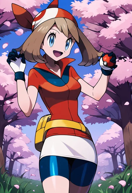 safe_pos, score_9, score_8_up, score_7_up, score_6_up, score_5_up, score_4_up, source_anime, aamay, brown hair, red bandana, blue eyes, breasts, collared shirt, red shirt, short sleeves, gloves, fanny pack, yellow belt, white skirt, bike shorts under skirt, bike shorts, <lora:may_(pokemon)_ponyxl_v1:0.9>, outdoors, field, standing, cowboy shot, smile, open mouth, holding poke ball, petals,