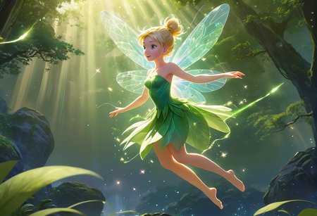 art illustration, digital painting  , anime  HD, 4K, highres, detailled background, outdoor
tiny pixie, tinkerbell, fairy, 
shiny skin,  blonde chignon bun hairstyle , short hair, hair strand, (fairy wings, dragonfly wings), small breast, full body, legs, folded legs, feet, 
full body, dynamic pose, wide shot, breast focus
light particles, sparkles , 
<lora:Dark Aura Filled_with_miasma - XL:0.4>  (golden aura, full power, lightnings, energy wave surrounding body,  )
( green short dress  strapless leaf like, see-through), earings, magic effect,
(giant flower, etamine, petal :1.1)), (floating in air, flying:1.1)
water:0.4
giant trees , sky
 (detailed landscape),  
 <lora:Essenz - Makoto Shinkai Anime - XL:0.5> anime screencap in mnst artstyle