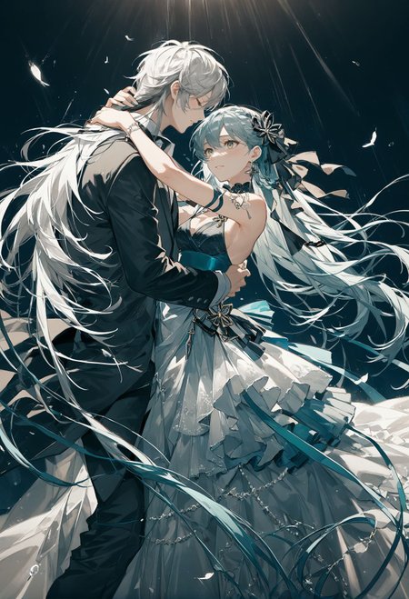 score_9, score_8_up, score_7_up, best quapoty, highres, absurdres, source_anime, 1girl, n0l4nd, <lora:n0l4nd:0.7>, ARKNIGHTS NOBODY, <lora:Arknights Nobody:0.7>, Dancing with a partner, she twirls gracefully in a flowing ballgown, radiating joy