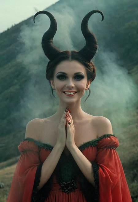 Super Closeup Portrait, Czech fairy tale films, Red Green Vintage witch Dress, Long fingernails, Old movie Style, 1970 czech, Three Wishes for Cinderella (1973), black hairbun, evil crazy laughing,  dark christmas witch, Horns, snowy hill, Lowlight dark Pastel Tone, smoke and Funky Red backlight, very Detailed, awesome Quality, reflecting, luminescent, translucent, Ethereal, Aura, Natural busty woman with freckles, smiling, without make-up, sitting on straw, Cozy dark medieval straw stables, snowy, underboob, puffy nipples, giga_busty, 80s DARK dystopian Blade Runner Flair, dynamic Scene, very detailed, uhd, masterpiece, White smoke, light beams through smoke,