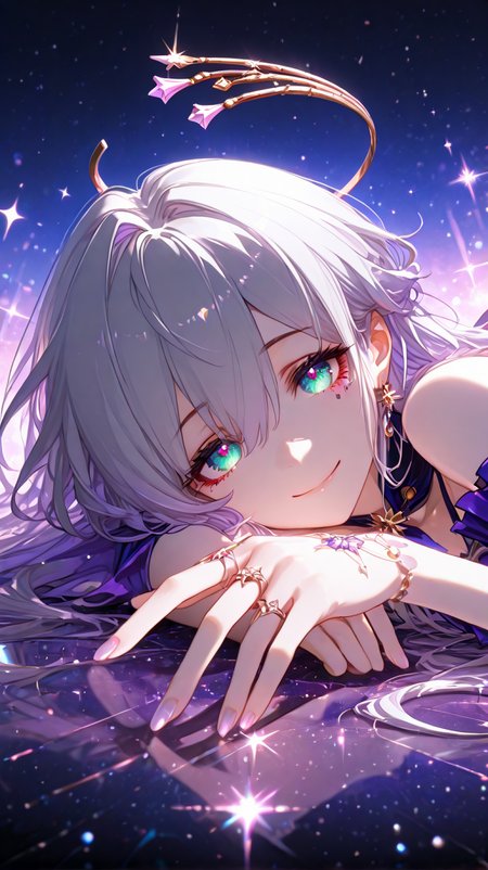 masterpiece, best quality, good quality,4k,
1girl, solo,
robin \(honkai: star rail\),
smile,hd eyes,eyes,Detailed hand,Perfect hand,
sparkle, 
full_body,leg,foot,
focus famale, 
side view,
looking_at_viewer, lying, (on_stomach)