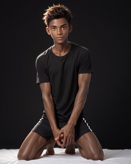 score_9, score_8_up, score_7_up, score_6_up, score_5_up, score_4_up, rating_questionable, 
<lora:homri52:1>,
intricately detailed, photo studio with black backdrop, black background,
1boy(human, glistening skin, handsome, sexy, seductive, posing, looking at the viewer, friendly expression, kneeling,
black skin, african, 
twink, slender, 
loose t-shirt, shorts),
depth of field, 
<lora:xl_more_art-full_v1:0.4>,
<lora:add-detail-xl:0.4>