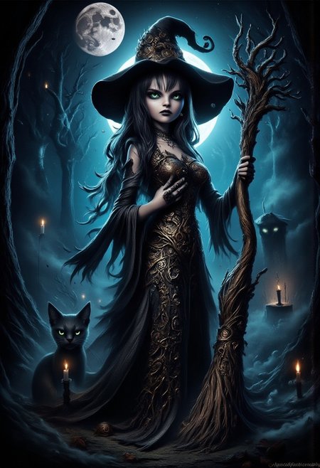 A stunning raven-haired witch with piercing eyes, wearing a tall, intricately detailed witch hat, standing under the glow of a blood moon. She holds an elaborate, highly detailed broomstick, adorned with ancient runes and twisted branches. The scene is set in a spooky nighttime atmosphere, with eerie mist rolling across the ground. Her black cat familiar, sleek and mysterious, sits by her feet, its glowing green eyes fixed on the viewer. The lighting is dark and moody, highlighting the witch and her familiar in a captivating, cinematic style. 4k resolution, ultra-detailed