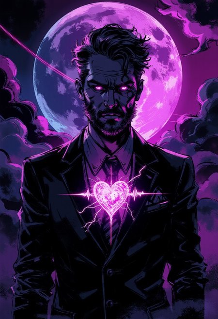 A male figure stands against a pulsating synthwave moon, its surface flickering with glitching neon patterns like a corrupted digital file. A glowing heartbeat wave pulses erratically through his chest, crackling with raw energy, as if his very existence is unstable. His face is streaked with grime and soot, his suit torn yet illuminated by glitching neon threads. His neon-purple eyes glow intensely, casting an eerie light onto his dirtied skin. His head tilts at an unnatural angle, as if controlled by an unseen force. The abstract background warps and shifts, merging geometric patterns with chaotic neon swirls, giving the impression of an unstable digital reality. His presence is both haunting and mesmerizing, like a glitch in time—flickering between dimensions.