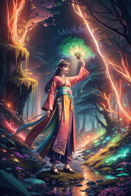 (centered) full body shot, (solo:1.1) woman in fantasy (forest:1.1) wearing (colorful HANFU COSTUME:1.1) (with pants) standing on a moss covered rock in stream, volumetric lighting, slight mist in the air  <lora:SD15_Nature_and_Technology:0.36>  <lora:Fluorescent_Lava_Cave:0.25>, subsurface scattering, ultra hd, 4k, high def, Photorealistic, Hyperrealistic, Hyper detailed, analog style, realistic, masterpiece, best quality, ultra realistic, 8k, Intricate, High Detail, film photography, soft lighting, heavy shadow, Color gradient of neon pink, neon blue, neon yellow, neon green