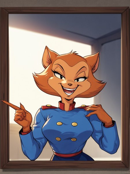score_9,score_8,source_furry,
<1girl:1.5>,
<solo:1.5>,
pamela_bondani, pamela_patrol03, cat girl, solo, smile, teeth, blue jacket, looking at viewer, furry, grin, upper body, hand up, long sleeves, animal ears, buttons, uniform, retro artstyle, black eyes, pillarboxed, 1girl, half-closed eyes, jacket, animal nose, happy, breasts, brown hair, open mouth, furry male, military uniform,
 <lora:Pamela_Patrol_03_Pony_SDXL:1> pamela_bondani,