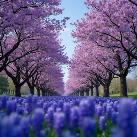 best quality. Full shot. Deep focus. High angle. Fit in frame.sony_a7III professional style photo.
Create a scenery inspired by a short poem:
Each year in May, as Jacarandas bloom,
A  carpet of sky is strewn across the grass.
Mother Nature  wears her  delft costume,
With  a breezy sweet perfume  none  can  surpass.
And we beneath these blossomed boughs assume,
true love upon a bed of azure petals.