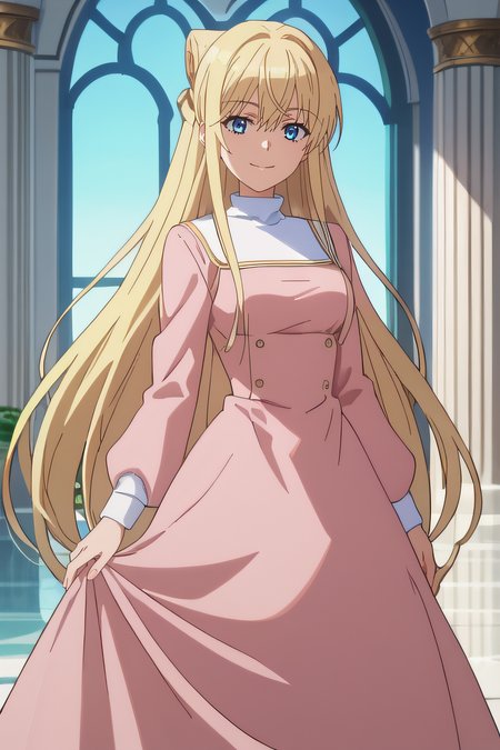 score_9, score_8_up, score_7_up, source_anime, rating_safe, intricate details, anime screencap, official style, 1girl, solo, <lora:Laura_Stuart:1>, laura, blonde hair, blue eyes, very long hair, pink dress, long dress, looking at viewer, smile, indoor, cowboy shot, five fingers