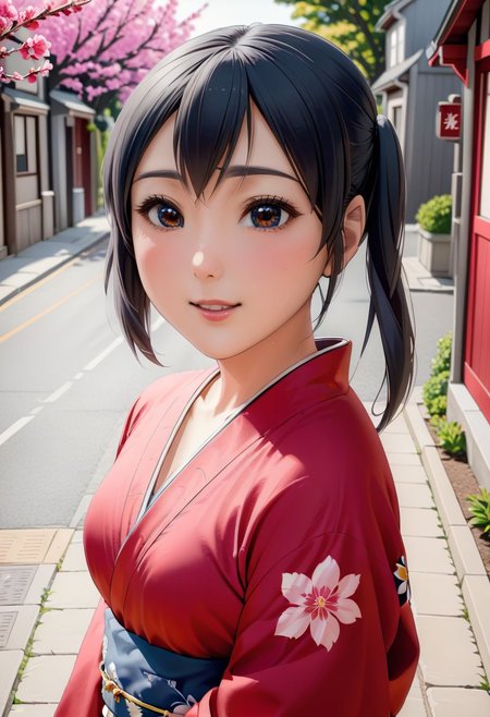 1 girl, nakano azusa, fully clothed, red kimono with pink flowers, perfect face, black eyes, black hair, show top of head, pigtails hair, blushing, smiling, outside, in the street of old qubec, small breasts, <lora:azusa_xl_rev3:0>, <lora:add-detail-xl:1>, OverallDetail, fFaceDetail, EyeDetail, Painstaking Attention To Details, art by mooncryptowow,
