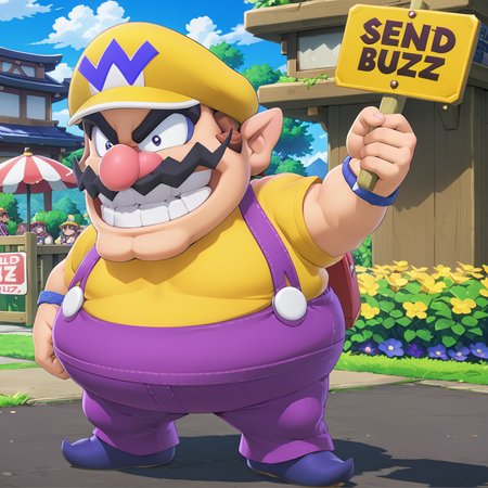 warioxl holding sign that says "$end Buzz" <lora:Wario_Mario_Series_XL:.65> , <lora:texta:.7>, fat, purple suspenders, yellow hat , (anime, masterpiece, intricate:1.3), (best quality, hires textures, high detail:1.2), (4k),(incredibly detailed:1.4),UHD, 8K, ultra detailed