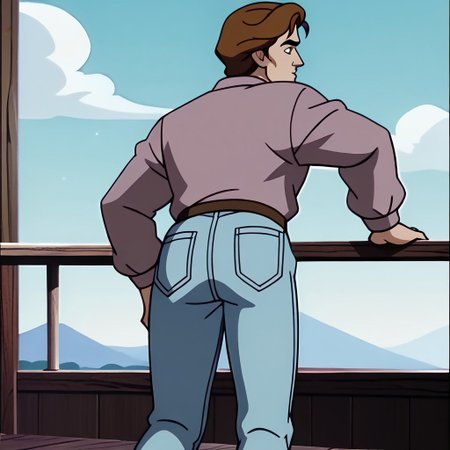 score_9, score_8_up, score_7_up BREAK PeterTAS, 1boy, brown hair, brown eyes, open gray jacket, pink tucked undershirt, brown belt, golden buckle, jeans, gray shoes, rear view, bent over, bending over, screenshot, official art, parody, cartoon footage, official design, screencap, cartoon screenshot, official screenshot, 2d, cartoon, source_cartoon, rear closeup,