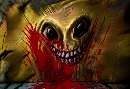 postal1, Monster, bloodyface, blood, looking at viewer, smiling, perfecteyes