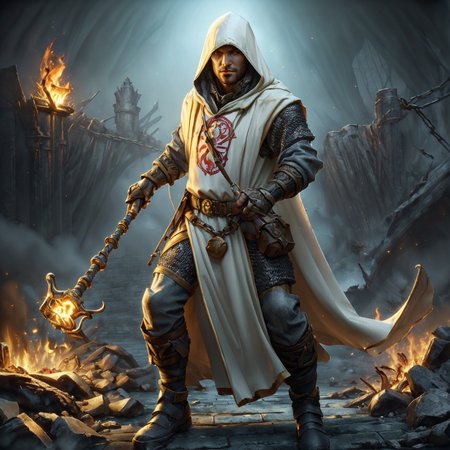 RAW photo, (masterpiece:1.3), subsurface scattering, heavy shadow, (high quality:1.4), (intricate, high detail:1.2), professional photography, HDR, High Dynamic Range, realistic, ultra realistic, photorealistic, high resolution, film photography, ambient lighting, atmospheric effects, <lora:detail_slider_v4:2>, OverallDetail,  <lora:Clerics:1>, 1boy, black footwear, blood, chainmail, cleric, fantasy, fire, holding, holding hammer, hood up, jewelry, long hair, male focus, own hands together, solo, tabard, weapon