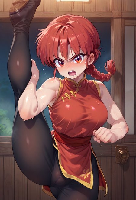 (zPDXL3), 
(zPDXLxxx), 
AIU,
wet, 
1girl, 
solo, 
ranma saotome, braid, red hair, single braid, braided ponytail, red eyes, medium breasts, 
pants, chinese clothes, tangzhuang, red clothes, 
standing split,
kicking,
angry, 
open mouth, 
bust up, 
looking at viewer,